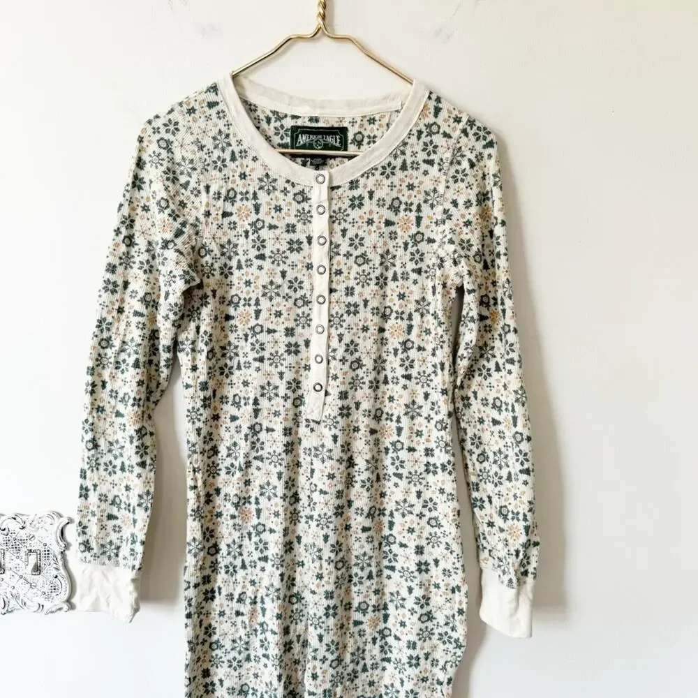 American Eagle Green Tree Snowflake Winter Thermal One Piece Long John Pajamas M